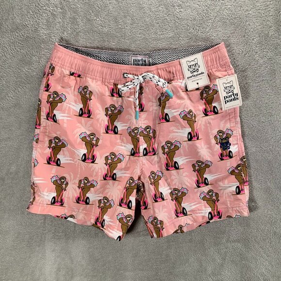 Party Pants Swim Trunks Men's Medium Peach Rollin Deep Shorts Sloth Beach Preppy - Picture 1 of 13